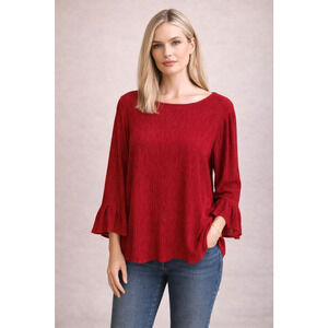 Cupio Red Textured Knit Top Large Bell Sleeve Ruffle Cuff Keyhole Boho Blouse